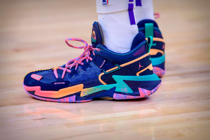 View of Russell Westbrook's multi-color Jordan sneakers.